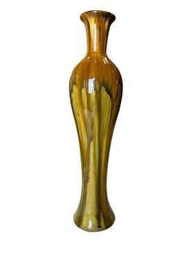 MCM style Tall Drip-Glaze Ceramic 18” Vase in Amber and Olive